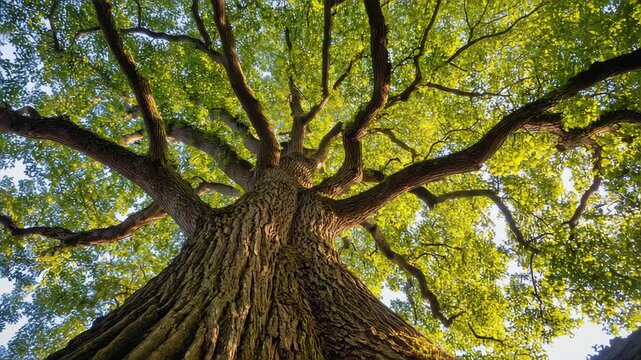 Majestic old tree viewed from below, sprawling branches reaching wide, lush green leaves glowing in sunlight
