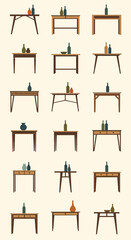 Various tables with bottles and vases are displayed.