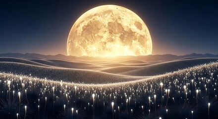 Vast desert landscape under a bright full moon with a field of glowing plants at night image photo