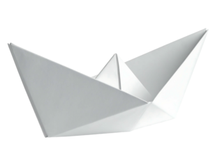A close-up view presents a clean, simple paper boat against a transparent backdrop, showcasing folds