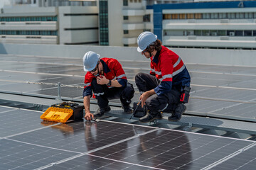 Solar engineer teamwork on rooftop maintenance boosts clean energy output under bright daylight...