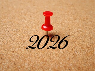 Red pushpin on a corkboard with the year 2026 in cursive font Keywords: 2026, year, future, marking, pin, pushpin, thumbtack, red, sharp, point, metal, office supply, stationery, corkboard