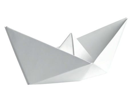 A close-up view presents a clean, simple paper boat against a transparent backdrop, showcasing folds