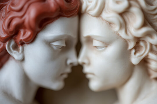 Classical bust art depicting two faces close together, noses touching. One bust has red hair and the other bust has cream colored hair, both feature downcast eyes and tranquil expression.