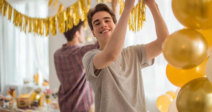 Young man decorating for a party with shimmering golden garland and balloons. Celebration preparation for birthday or festive event. - Powered by Adobe