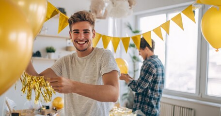Young man preparing for a party, smiling at camera next to gold balloon and garland. Concept of celebration, birthday, or festive event.