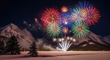 Colorful fireworks exploding over snowy mountains and winter landscape