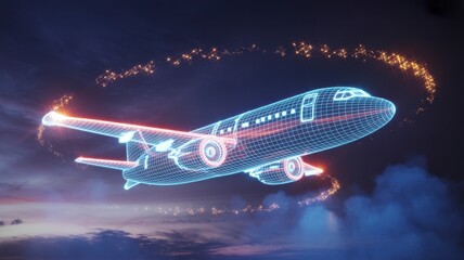 Futuristic digital airplane flying through clouds with glowing trails
