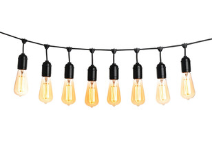 Close-up of glowing incandescent lights strung against a black background