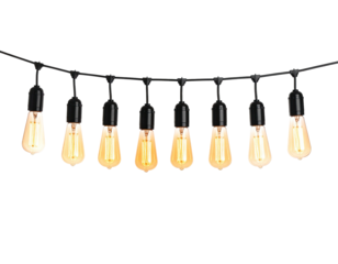 Close-up of glowing incandescent lights strung against a black background