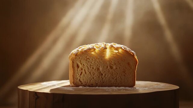 A golden loaf of bread sits atop a smooth wooden board, catching rays of soft light. The loaf of bread exhibits a delicate texture and inviting warmth, enhancing the charming scene