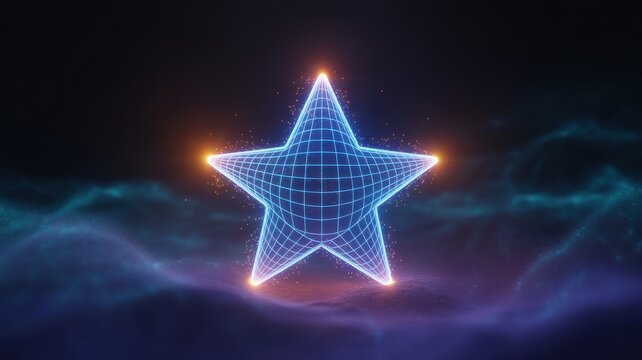 Glowing blue digital star with neon aura and cosmic nebula background