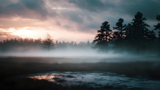 Ethereal misty marsh at sunrise with silhouetted trees illuminated by soft golden light and scattered rays