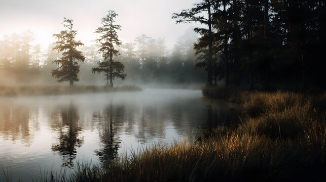 A serene and misty marshland with cypress trees and reflections during golden hour - Powered by Adobe
