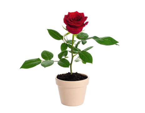 A vibrant red rose in full bloom, potted in a neutral-toned planter, isolated on black - Powered by Adobe