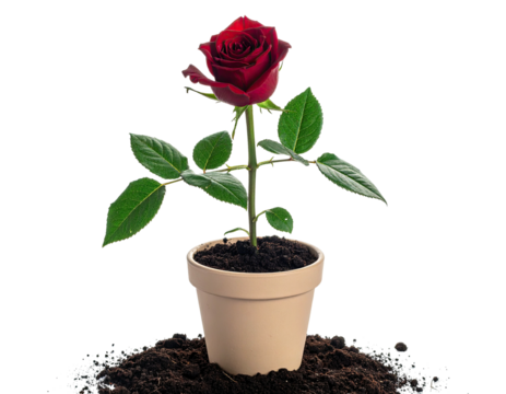 A vibrant red rose, growing from a pot of soil, isolated against a black background