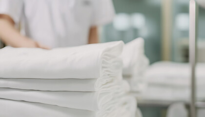 Fototapeta premium Neatly folded, pristine white linens are stacked on a shelf, ready for use. Crisp edges & soft fabric evoke feelings of comfort, cleanliness, & relaxation. Pure white linens.