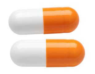 white and orange capsule pills isolated on a transparent background.
