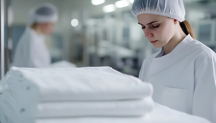 Dedicated worker in sterile environment, meticulously sorting fresh, white laundry. She ensures high standards of sanitation and cleanliness. Cleanliness is the motto.