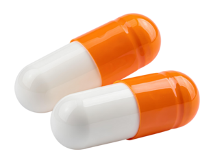 white and orange capsule pills isolated on a transparent background.