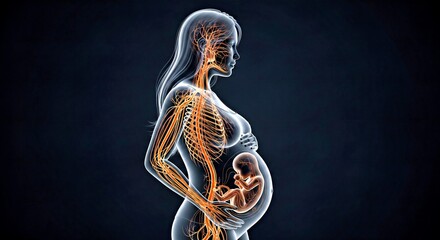 Semi-Transparent Silhouette of Pregnant Woman with Illuminated Veins and Arteries