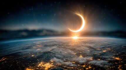 Stunning crescent sun illuminates Earth's atmosphere at dawn, casting golden rays over glowing city lights below