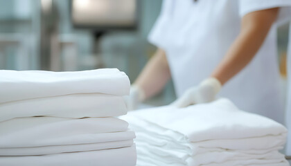 Focused image capturing the meticulous process of handling clean, white linens. A person wearing gloves is stacking freshly laundered sheets, highlighting cleanliness and care.