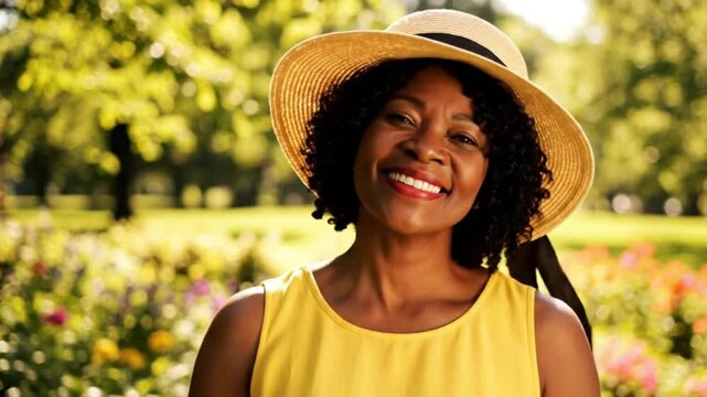 A beautiful smiling Black woman in a straw hat and yellow dress standing in a sunny park. This footage is perfect for summer and happiness concepts