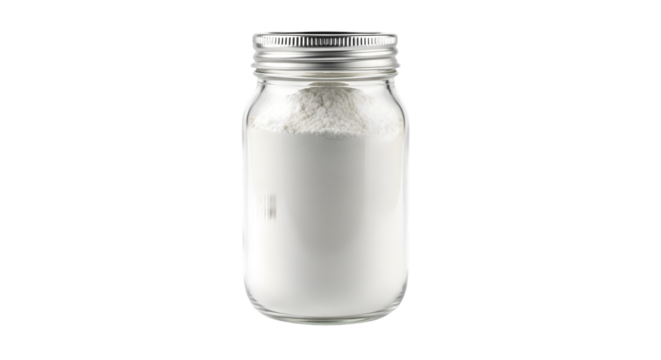 Jar of white powder isolated on transparent background, a versatile ingredient for cooking