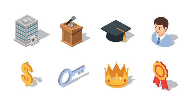 Isometric icons of business, education, and success elements