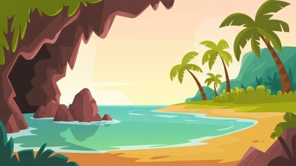 Tropical island cove with palm trees and rocky cliffs at sunset