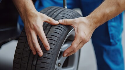 A person is inspecting a car tire, focusing on its tread while preparing to make adjustments or repairs.