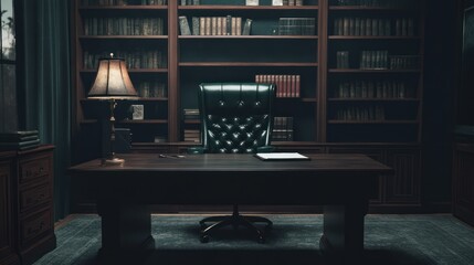Empty chair behind wood desk in study with bookshelves. Suitable for work or study