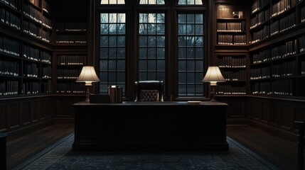 Empty study room with desk, bookshelves, and large windows in gloomy setting