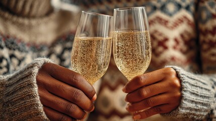 multiracial couple clinking champagne glasses to celebrate christmas or new years eve together toasting the holidays