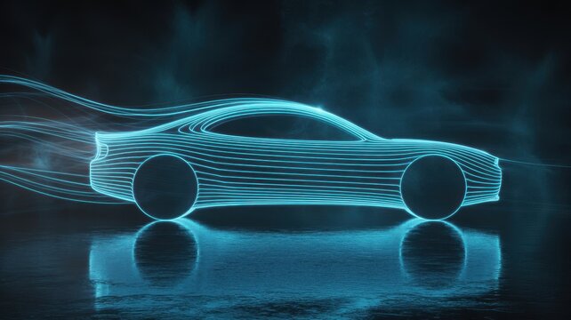 Futuristic electric car silhouette with flowing blue light trails