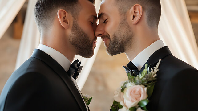Captured in a tender moment, the grooms' eyes are closed as they touch noses at their wedding. Love and commitment radiates from this intimate, heartfelt portrait. - Powered by Adobe