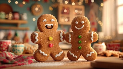 Obraz premium delightful gingerbread men joyfully display cheerful smiles during a festive holiday celebration in a cozy kitchen setting filled with warmth and cheer
