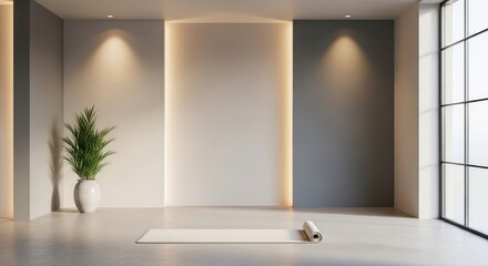 Yoga studio with mat, plant, minimalist design and large window light