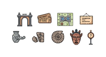 Museum elements set tickets, map, artifacts, and displays in retro style