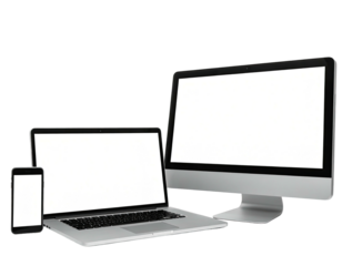 Modern digital devices smartphone, laptop, and desktop computer, all with blank screens