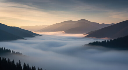 Misty mountain valley sunrise serenity nature landscape art