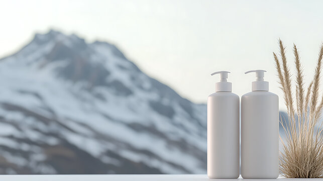 Two minimalist dispenser bottles with natural reeds, set against a serene mountain backdrop, evoke purity and calm. This scene suggests a natural or wellness product.