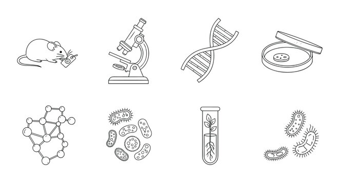 Scientific research icons linear style set featuring microscope, dna, molecule, test tube, bacteria, and mouse