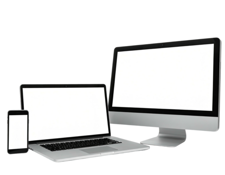 Modern digital devices smartphone, laptop, and desktop computer, all with blank screens