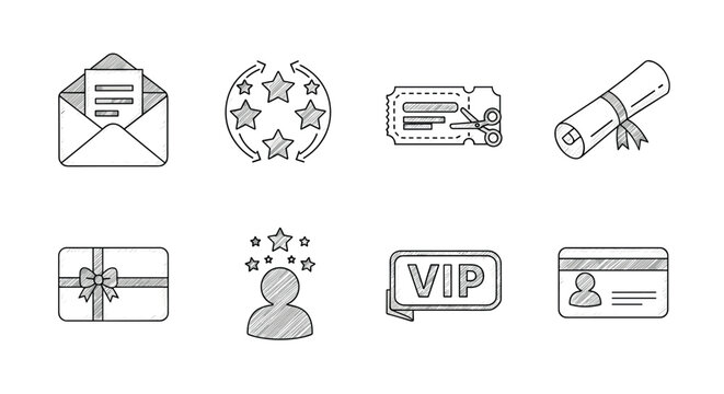 Set of linear icons email, loyalty program, coupon ticket, diploma, gift, vip, id card