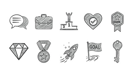 Scribble icons of success and achievement rocket, medal, diamond, goal, more