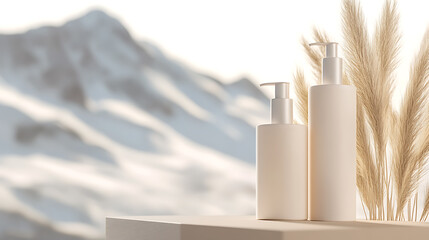 Tranquil beauty essentials for mountain getaways. Creamy bottles blend with natural grass accents, set against snow-capped peaks. Perfect alpine skincare and pampering.