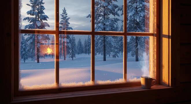 Winter scene through a window with a mug and snow covered trees view - Powered by Adobe