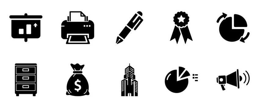 Business and office icons: presentation, printer, pen, award, chart